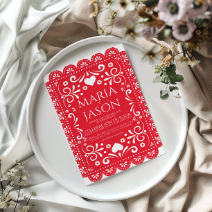 Invitación Papel Picado Rojo Blanco Arte Popular Boda Español