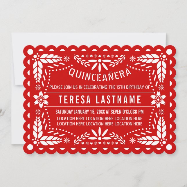 Invitación Papel picado rojo y blanco Quinceañera (Anverso)