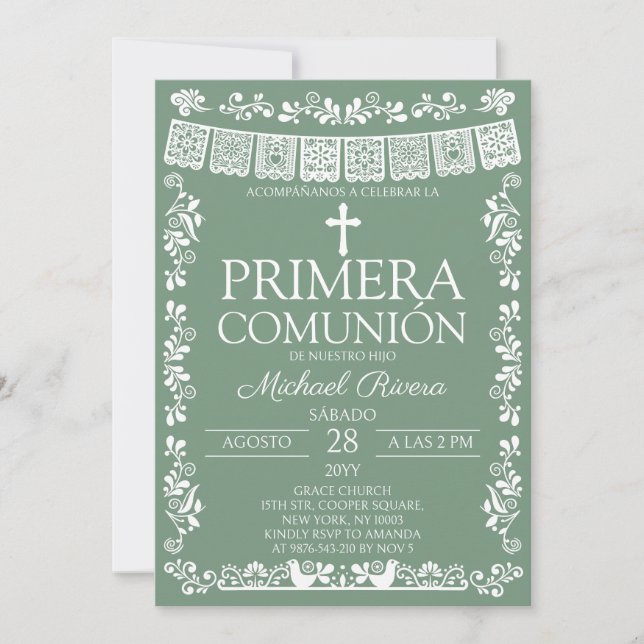 Invitación Papel Picado Verde Salvia para Primera Comunión (Anverso)