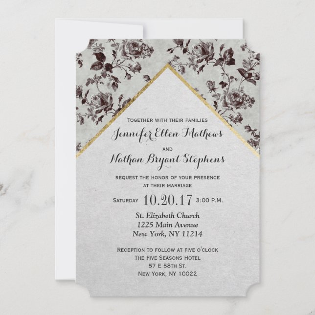 Invitación Papel reciclado con floral blanco y dorado (Anverso)