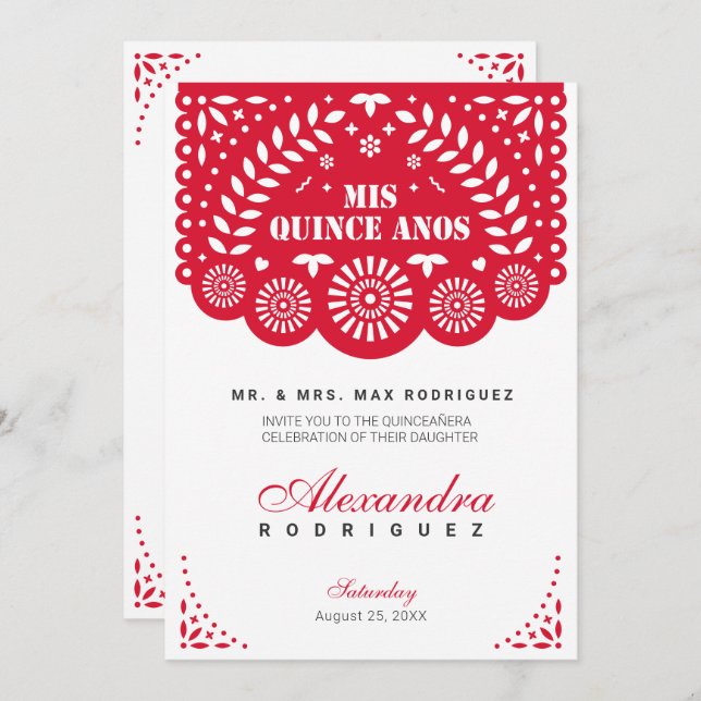 Invitación Papel rojo picado mis cinco años (Anverso / Reverso)