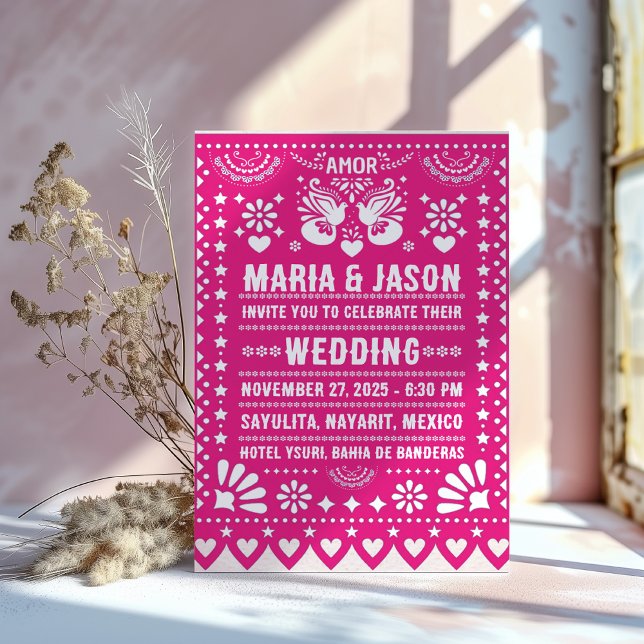 Invitación Papel rosa mexicano Picado Fiesta Boda de arte fol (Mexican Pink Papel Picado Fiesta Folk Art Wedding Invitation)