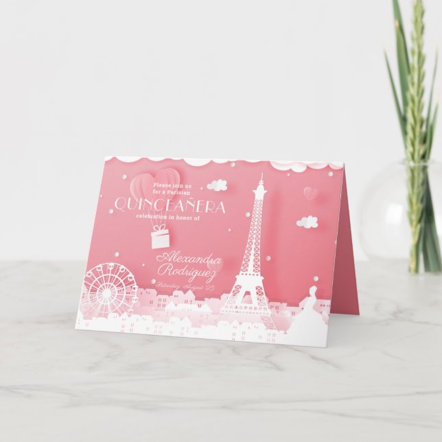 Invitación Papel rosa París Quinceañera (Anverso)