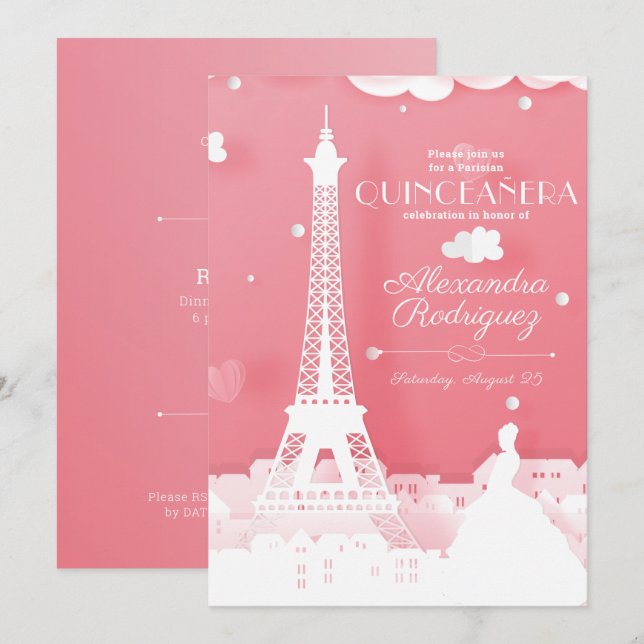 Invitación Papel rosa París Quinceañera (Anverso / Reverso)