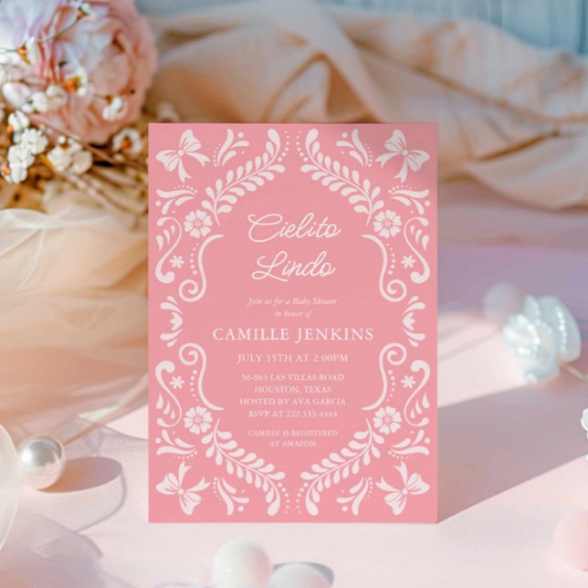 Invitación Papel rosa Picado Baby Shower mexicano (Pink Papel Picado Cielito Lindo Baby Shower Invitation)