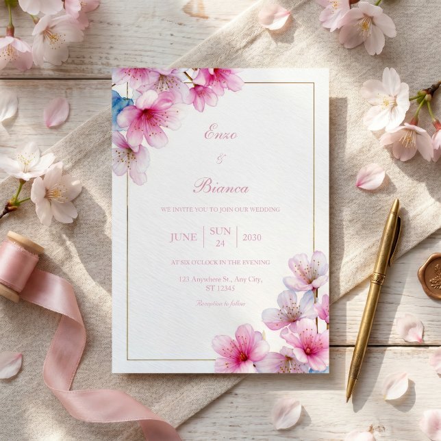 Invitación Papel Texturizado Sakura Rosa Marco de Boda Dorado (Subido por el creador)