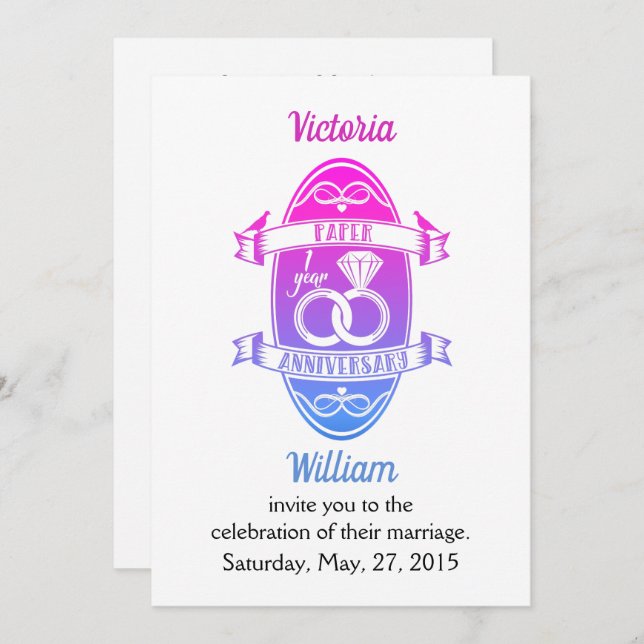 Invitación Papel tradicional primer aniversario Boda (Anverso / Reverso)