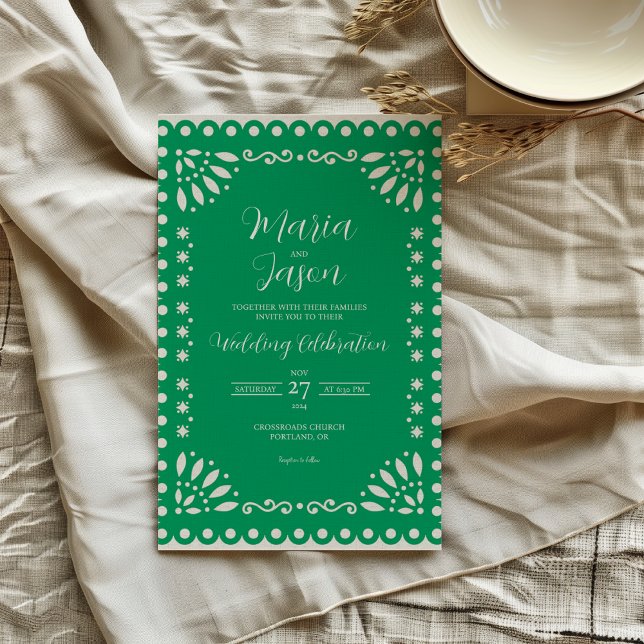 Invitación Papel verde mexicano Boda tradicional picado (Mexican Green Papel Picado Traditional Wedding Invitation)