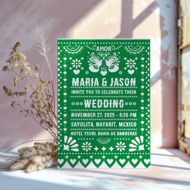 Invitación Papel verde mexicano Picado Fiesta Boda de arte fo (Mexican Green Papel Picado Fiesta Folk Art Wedding Invitation)