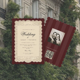 Invitación Papel Vintage de Encaje Borgoña Boda