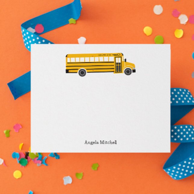 Invitación Papelería personal de autobús escolar amarillo (fun personalized yellow school bus flat note card stationery with custom name and route number)