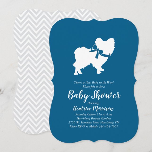 Invitación Papillon Dog Baby Shower Blue Boy (Anverso / Reverso)