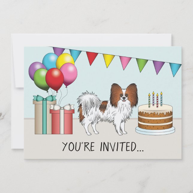 Invitación Papillon rojo feliz perro colorido cumpleaños (Anverso)