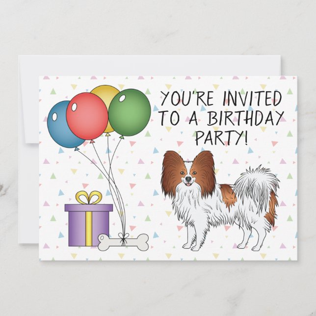 Invitación Papillon Rojo Y Blanco Perro Lindo - Cumpleaños (Anverso)