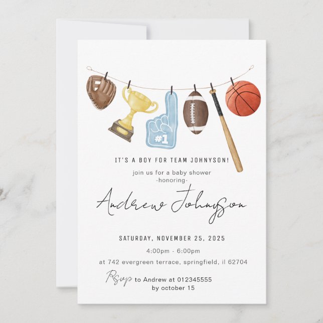 Invitación Paquete Baby Shower para deportes personales (Anverso)