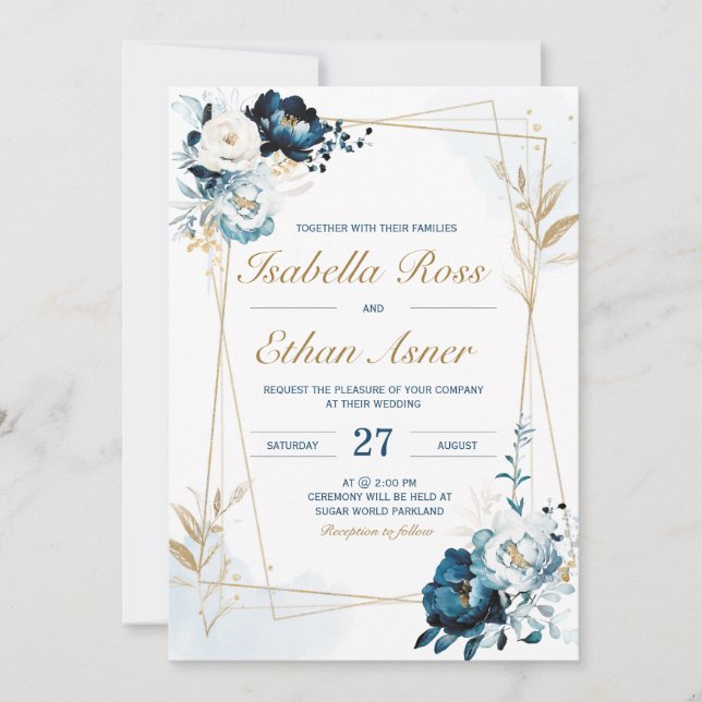 Invitación Paquete Boda de oro y azul de la marina personaliz (Anverso)