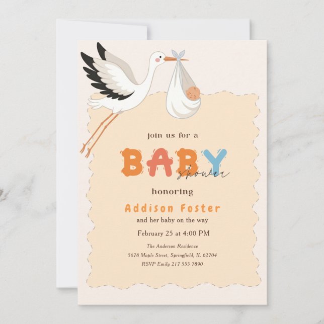 Invitación Paquete de bebé dulce cigüeña boho Fiesta de bebé (Anverso)