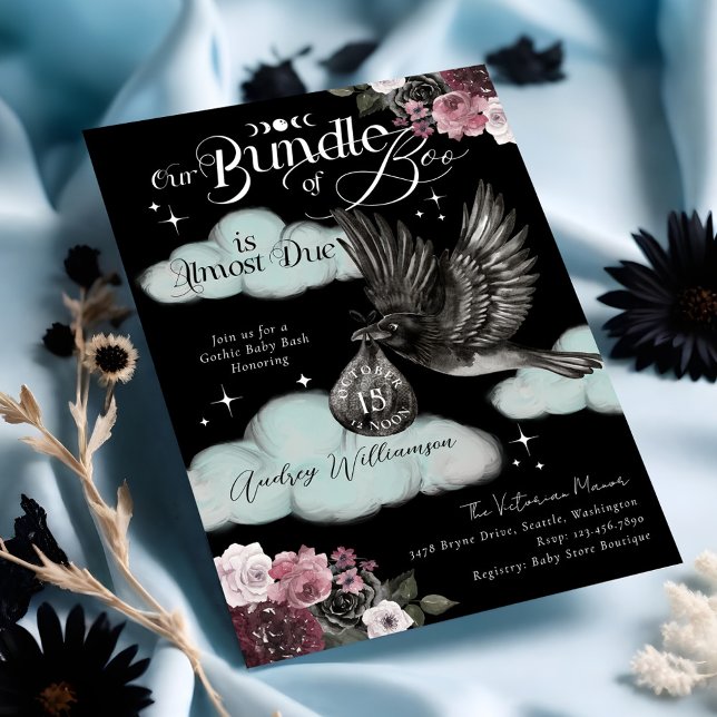 Invitación Paquete gótico de Boo Raven Delivery Baby Shower (Gothic Bundle of Boo Raven Delivery Baby Shower Invitation (Front))
