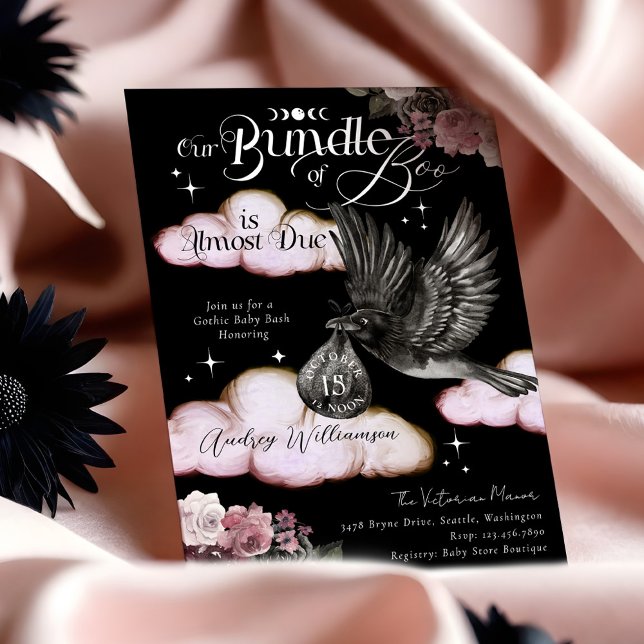 Invitación Paquete gótico de Boo Raven Delivery Baby Shower (Gothic Bundle of Boo Raven Delivery Baby Shower Invitation (Front))