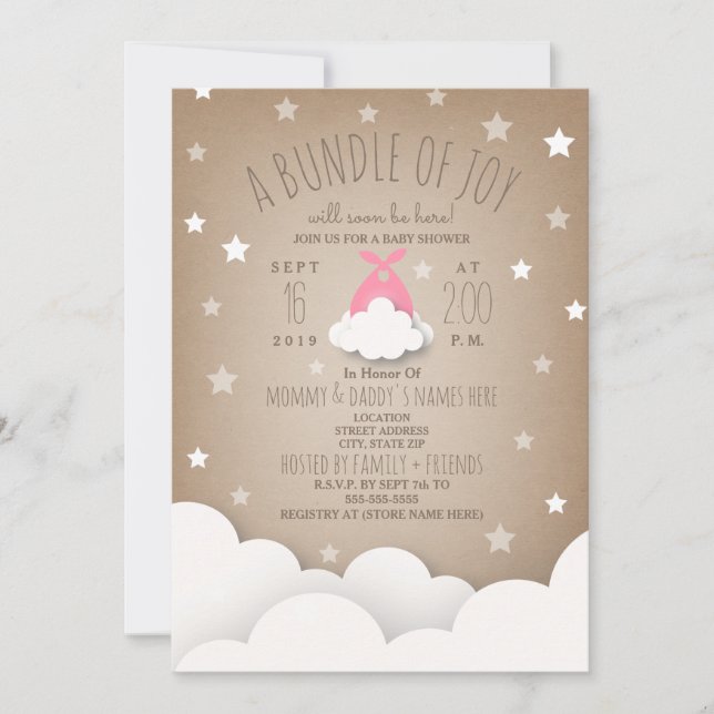 Invitación Paquete rosa de nubes de alegría + Baby Shower de  (Anverso)