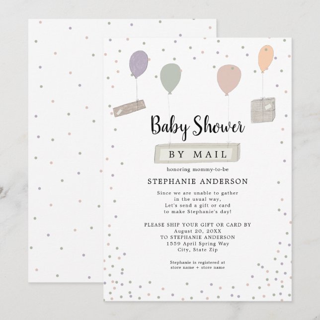 Invitación Paquetes + Baby Shower neutral de globos por corre (Anverso / Reverso)