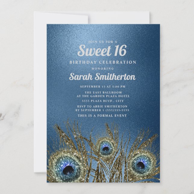 Invitación Paquetes de pavo real de oro azul Purpurinoso dulc (Anverso)