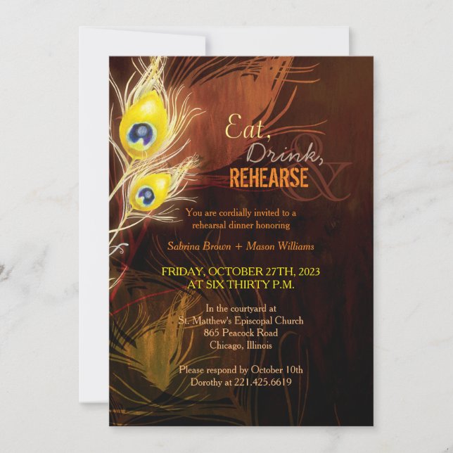 Invitación Paquetes de pavo real Ensayo de casamiento de otoñ (Anverso)