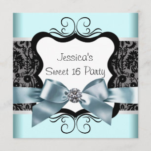 Invitación Par de cumpleaños 16 negro damasco azul turquesa n