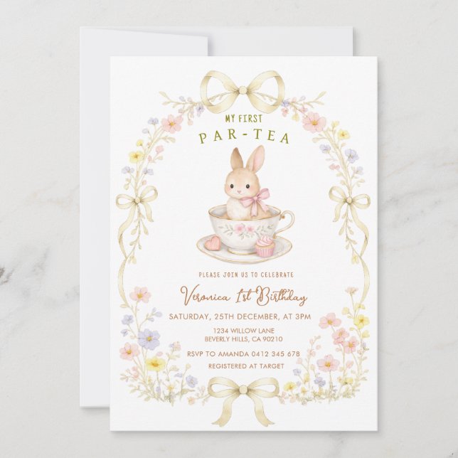 Invitación Par-Tea Bunny cumpleaños 1er cumpleaños flor silve (Anverso)