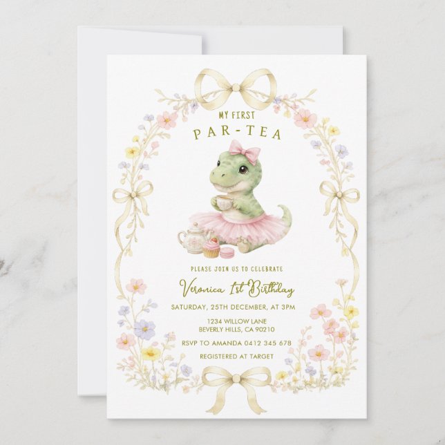Invitación Par-Tea Dino cumpleaños número 1 flores silvestres (Anverso)