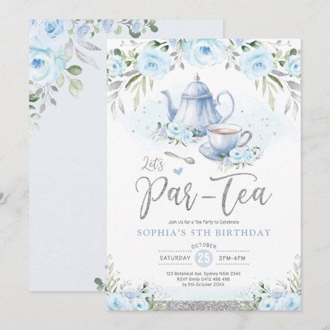 Invitación Par-Tea Silver Baby Blue Birthday Tea Fiesta (Anverso / Reverso)