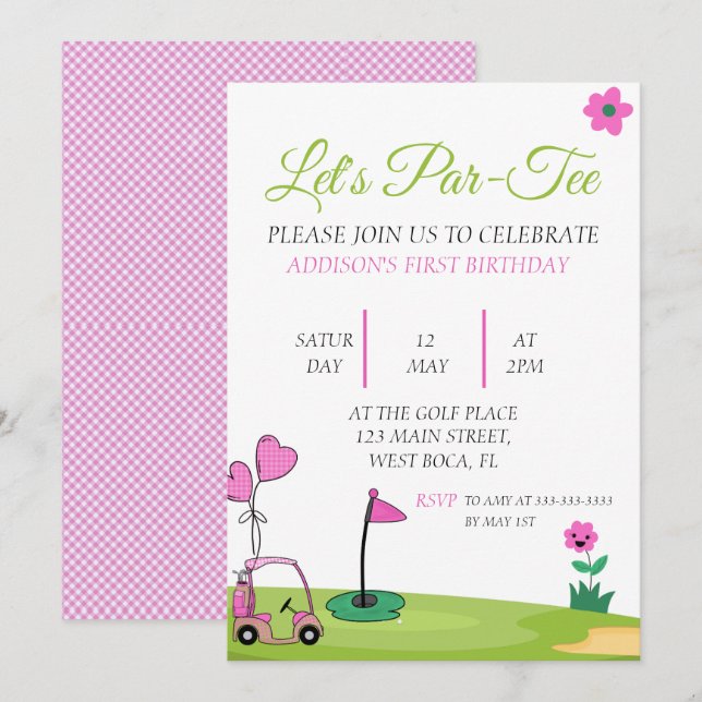 Invitación Par-tee Chica Rosado Golf 1º cumpleaños (Anverso / Reverso)