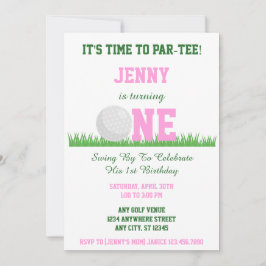 Invitación Par-Tee de golf rosa y verde 1 cumpleaños