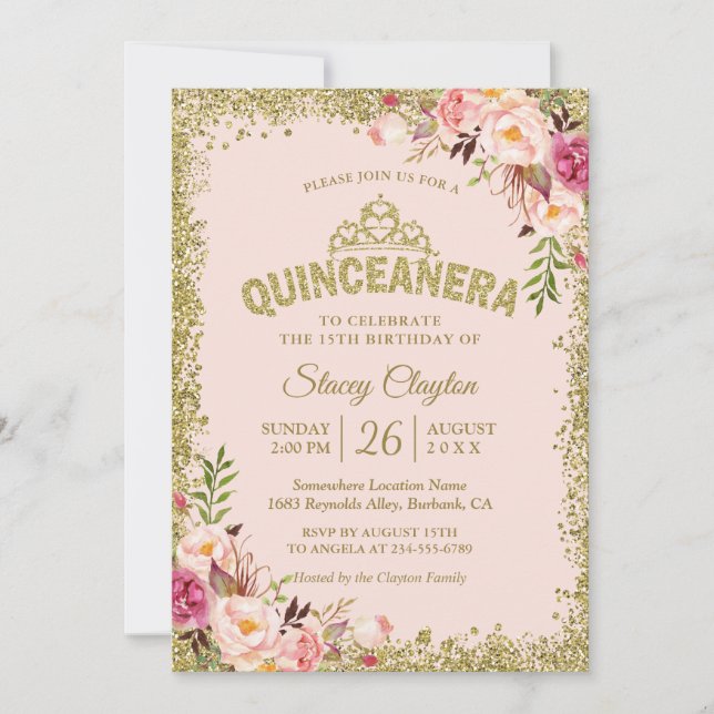 Invitación para 15º cumpleaños con flores rosas y  (Anverso)