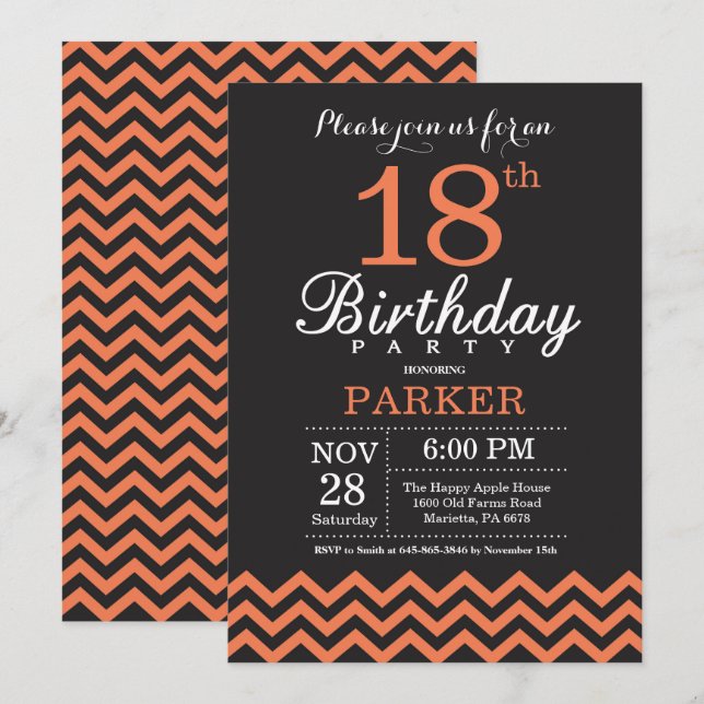 Invitación para 18 cumpleaños Chevron negro y cora (Anverso / Reverso)