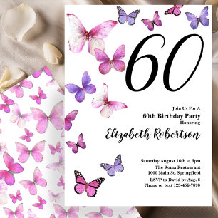 Invitación para 60 cumpleaños de mariposa en rosa/