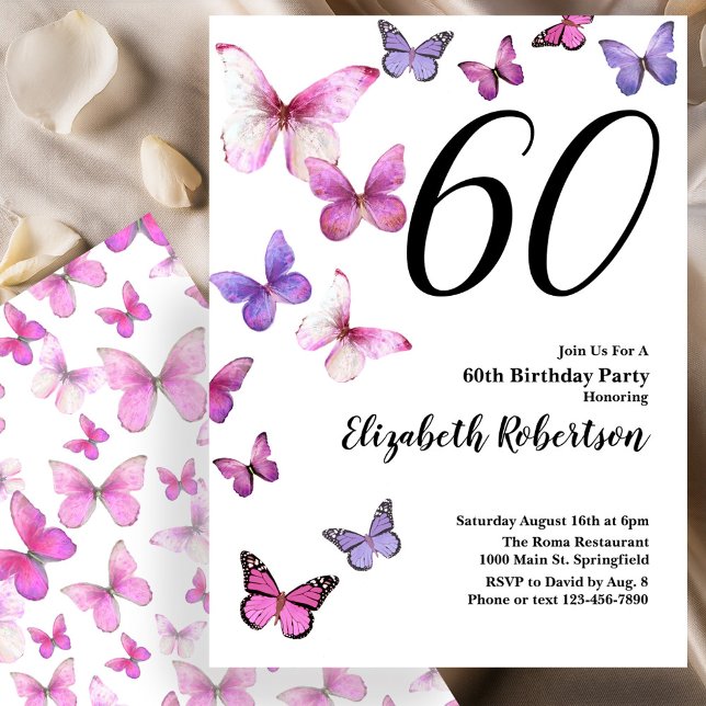 Invitación para 60 cumpleaños de mariposa en rosa/ (Subido por el creador)