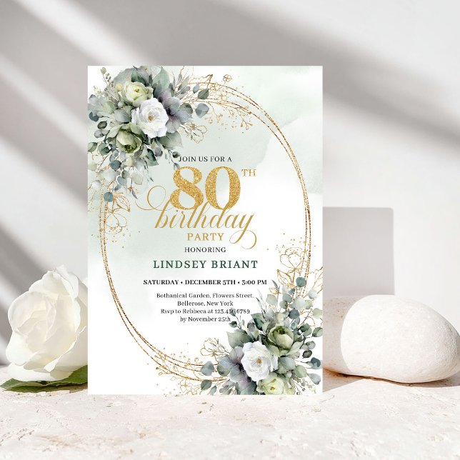 Invitación para 80 cumpleaños con rosas blancas de (Luxury White Roses Eucalyptus 80th Birthday Invite)