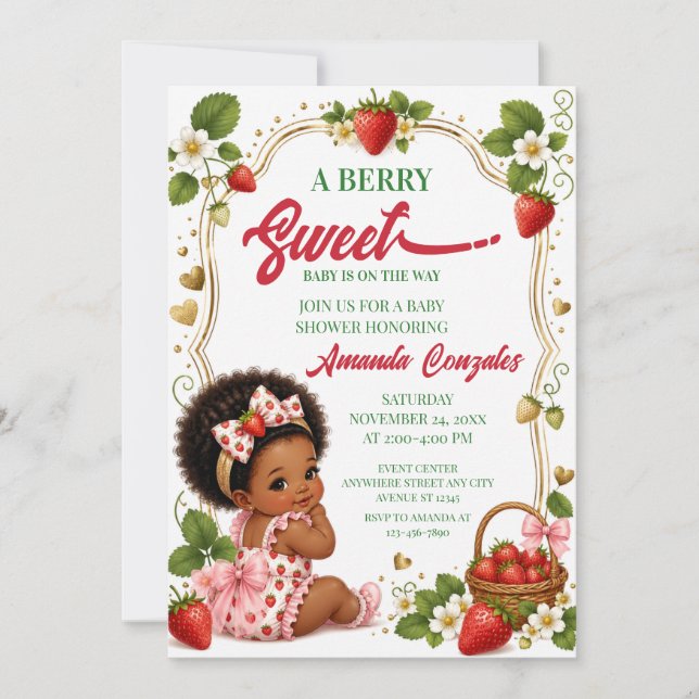 Invitación para Baby Shower Afro Fresa, Dulcemente (Anverso)