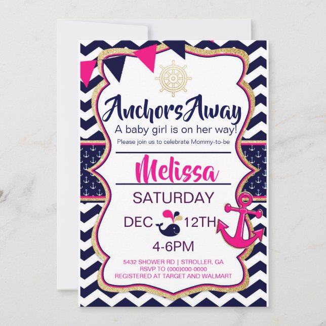 Invitación para baby shower Anchors Away (Anverso)