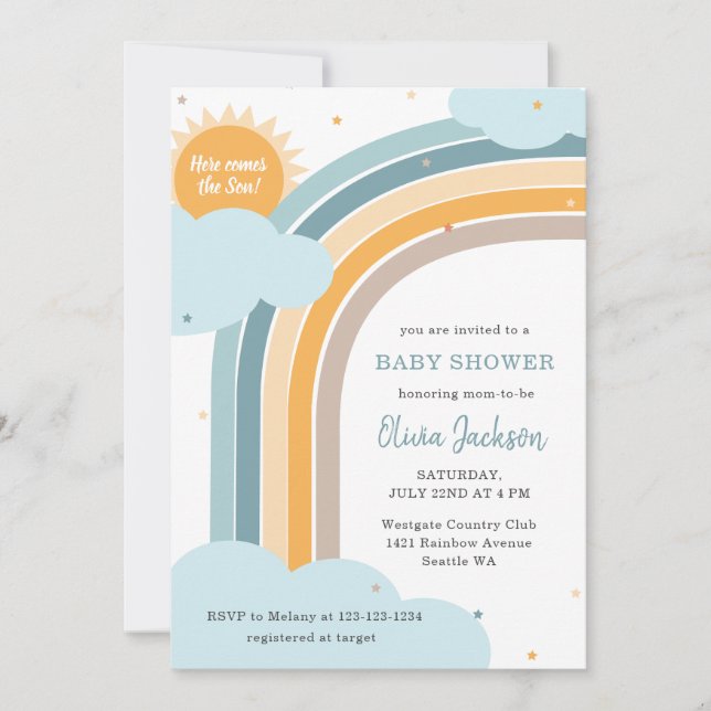 Invitación para baby shower Arcoíris, Sol y Nubes (Anverso)