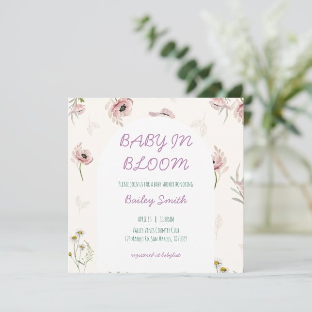 invitación para baby shower baby in bloom (Anverso de pie)