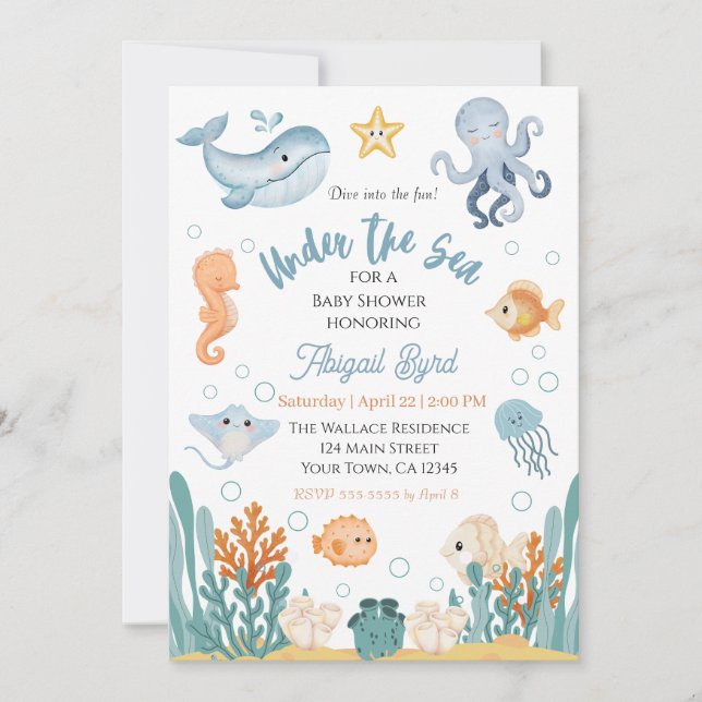 Invitación para baby shower Bajo el Mar (Anverso)