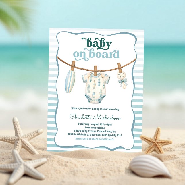 Invitación para Baby Shower 'Bebé a Bordo' de Ropa (Baby on Board Surf Clothesline Baby Shower Invite)