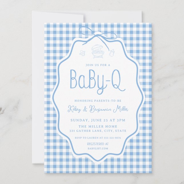 Invitación para Baby Shower Blue Gingham Barbecue  (Anverso)