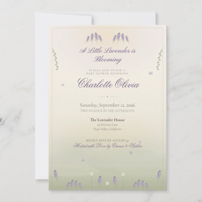 Invitación para baby shower Campos de Lavanda (Anverso)