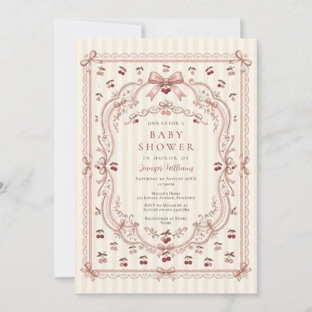 Invitación para Baby Shower Cherry Bows (Anverso)