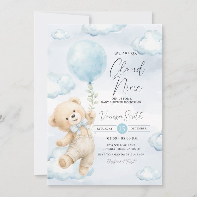 Invitación para baby shower Cloud Nine Osito Azul  (Anverso)