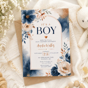 Invitación para Baby Shower con Acuarela Azul y Co