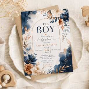 Invitación para Baby Shower con Acuarela Azul y Co